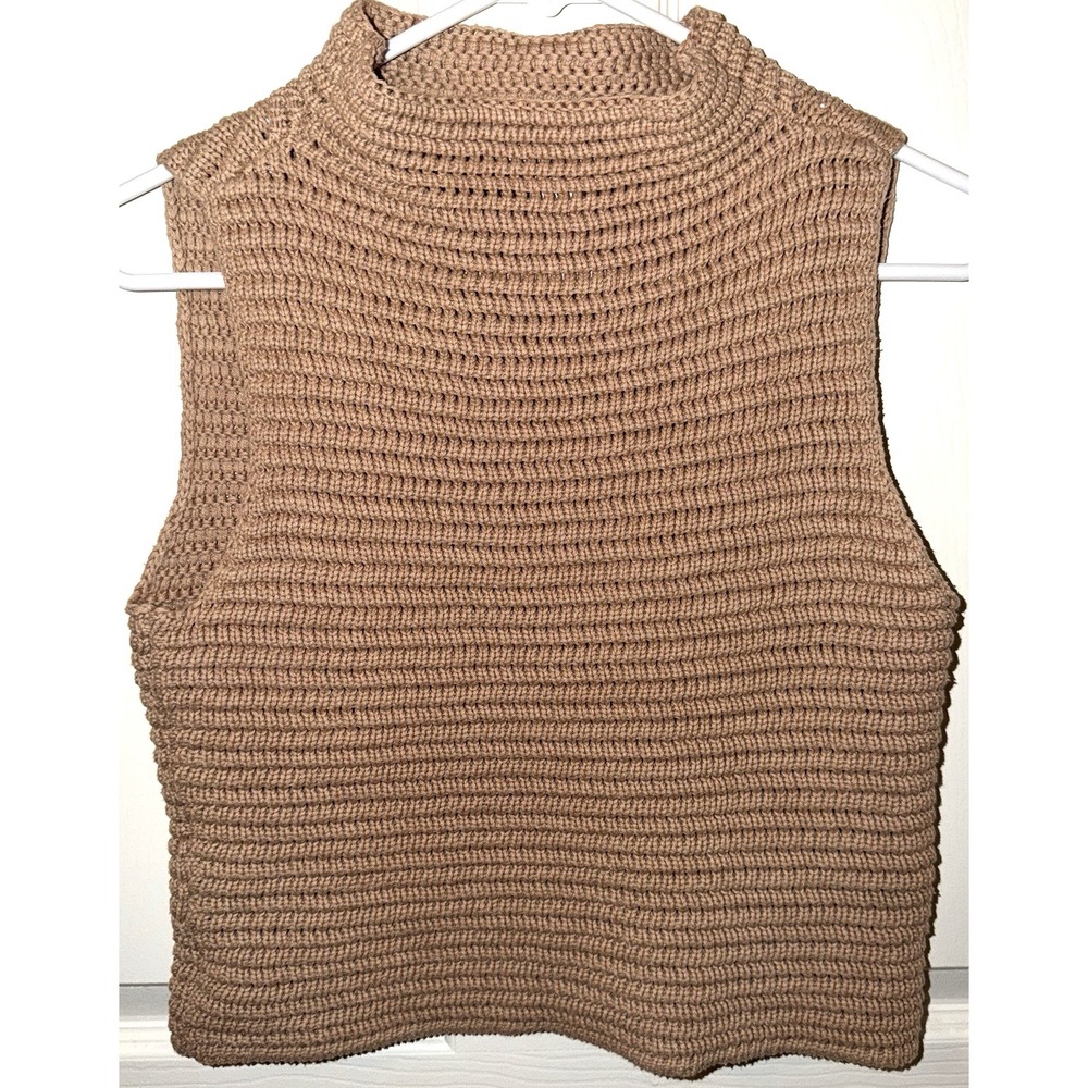Rachel Zoe Knit Sweater Tank Top  Mock Neck Sleeveless Women Small Tan Crochet